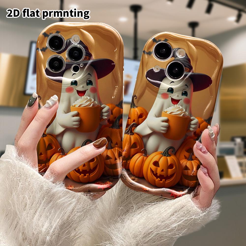 Phone Case: 2D Flat Design, Suitable for Protective Cases for iPhone 18, 17, 16, 15, 14, 13, 12 Pro; Phone Decoration, Holding a Hot Drink Little Ghos