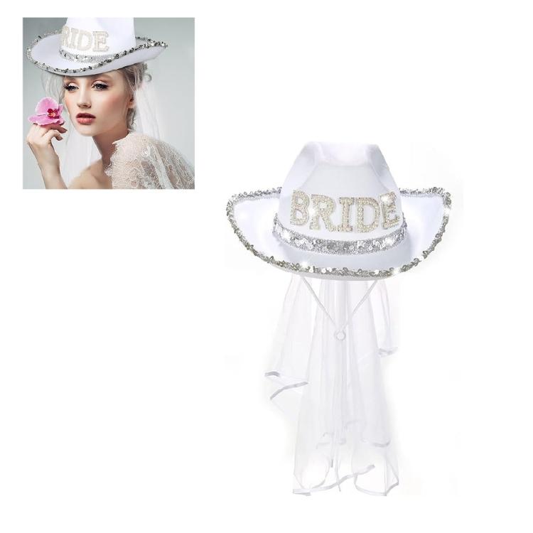 Rhinestones Bride Cowboy Cowgirl Hat with Veil Bachelorette Wedding Party Props