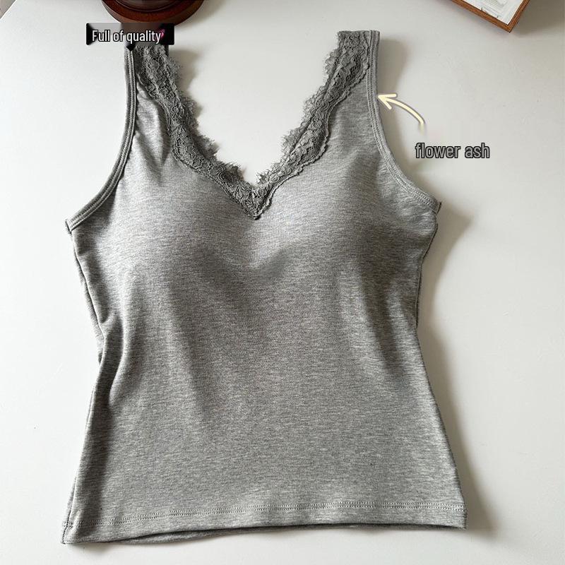 

Spring/Summer Casual V-neck Lace Camisole – Beautiful Back, Slimming & Comfortable Home/Outer Wear, with Fixed Cups, Solid Color for Women One Size (Suitable for 80-130 Jin) хізер сірий колір