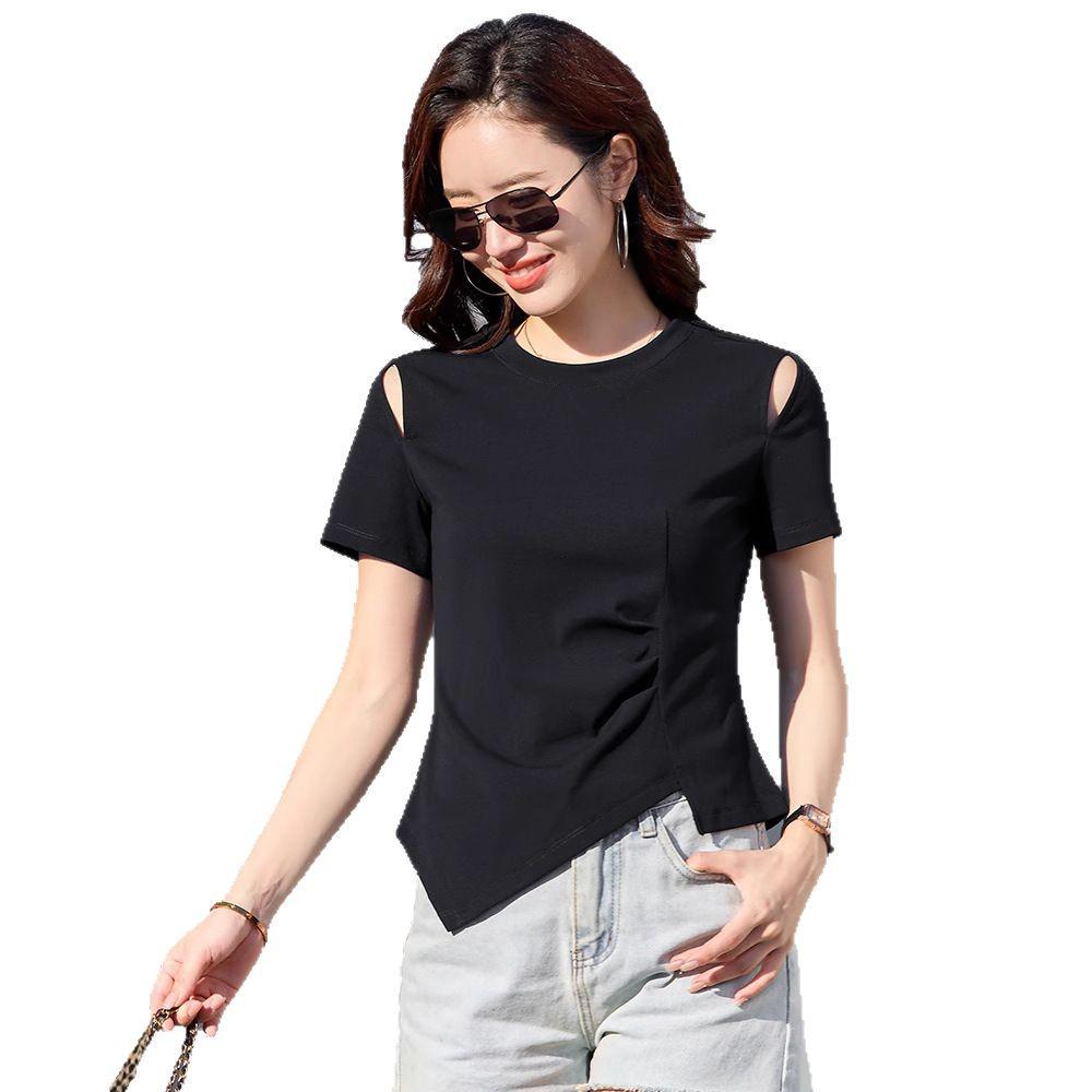 Niche Irregular Hem Shoulder-Baring Women's Short-Sleeve T-Shirt - 2025 Summer Trend