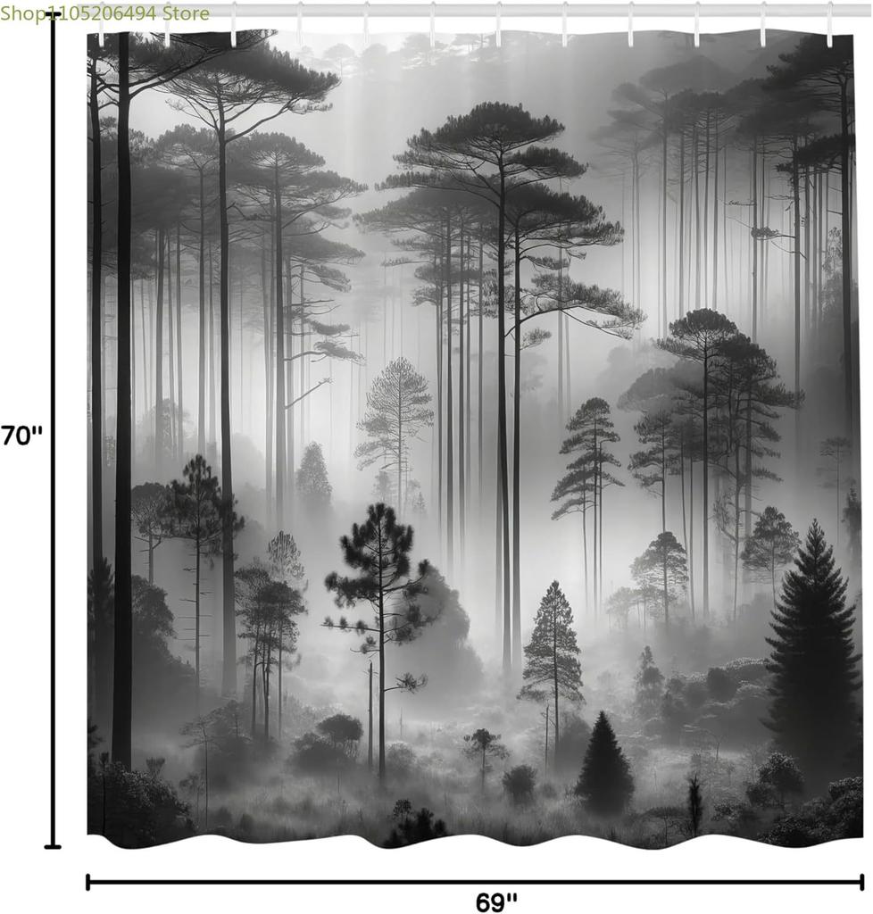Schwarz-weißer Duschvorhang neblige hohe Bäume Wald natürliche Landschaft Stoff Badezimmerdekoration Duschvorhang mit Haken