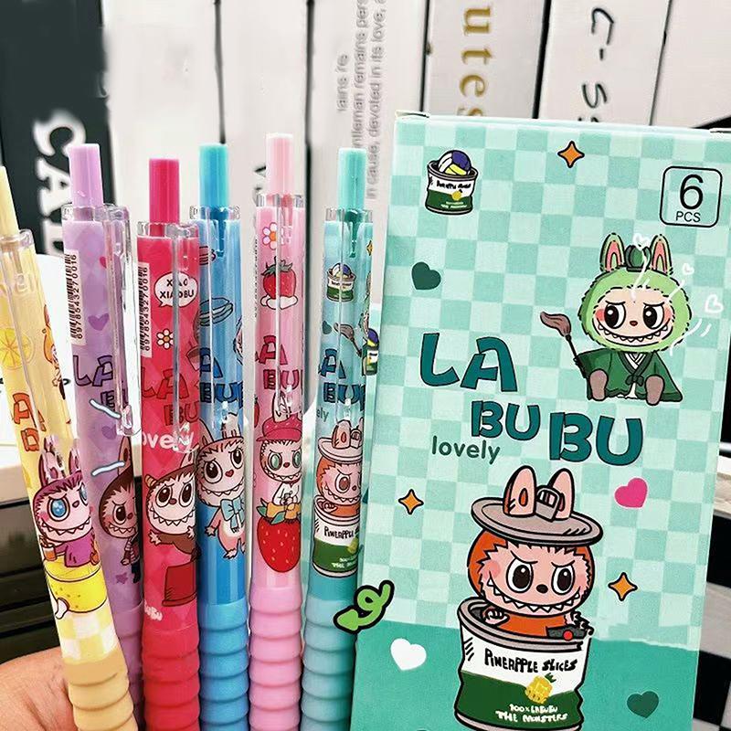 4/6Pcs Kawaii Cute Labubu Gel Pen Quick-Drying Writing Smooth Pen Cartoon Pressing Neutral Pen School Supplies Stationery
