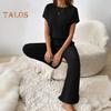Women's Two Piece Knit Set Short Sleeve Sweater Top Wide Leg Pants Lounge Sets Ribbed Knitted Casual Outfit for Spring Autumn