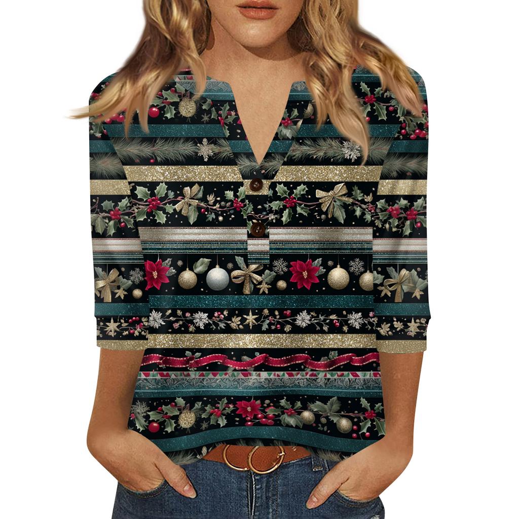 Women's T Shirt Print Button 3/4 Sleeve Daily Weekend Fashion Basic V- Neck Regular Top