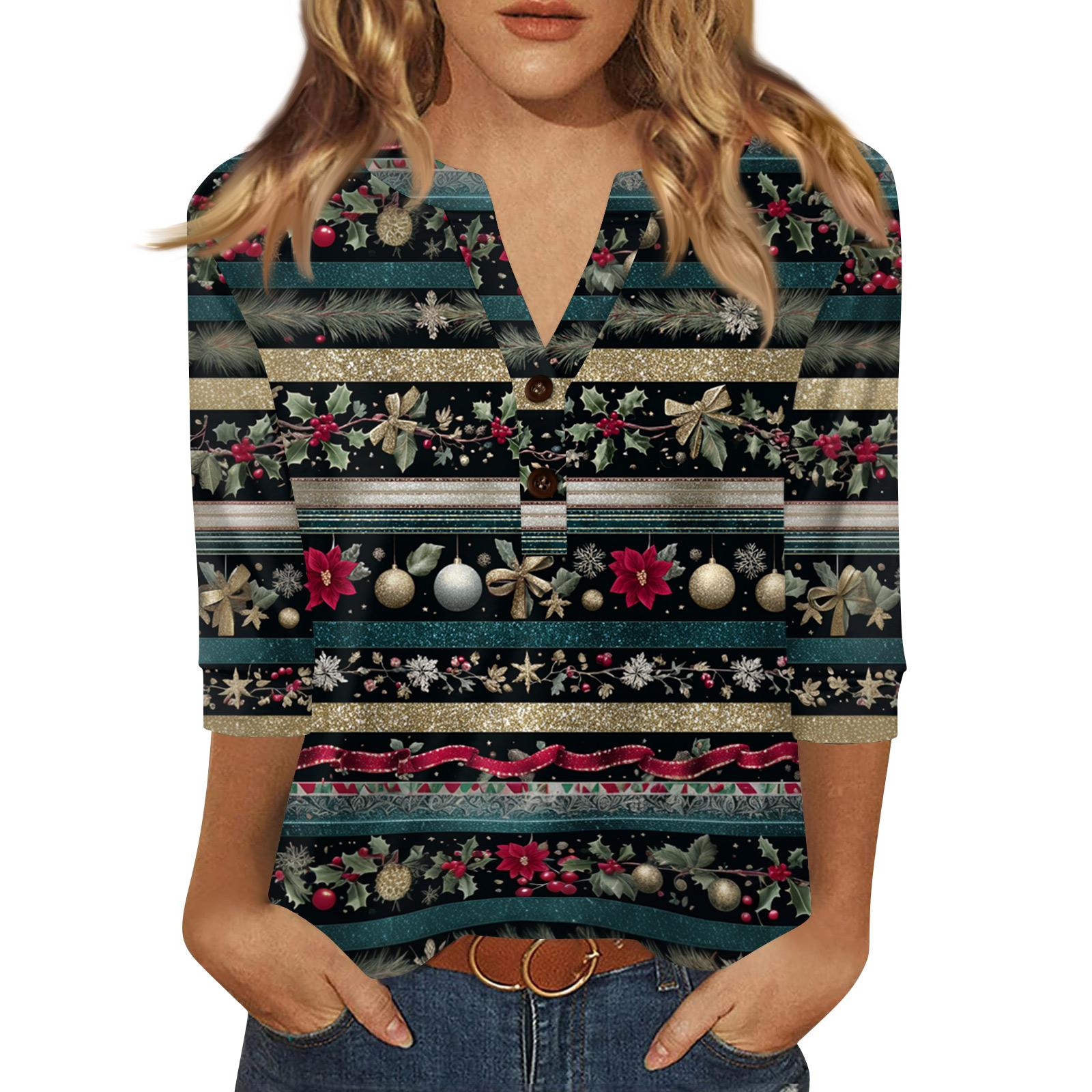 

Women s T Shirt Print Button 3/4 Sleeve Daily Weekend Fashion Basic V- Neck Regular Top S