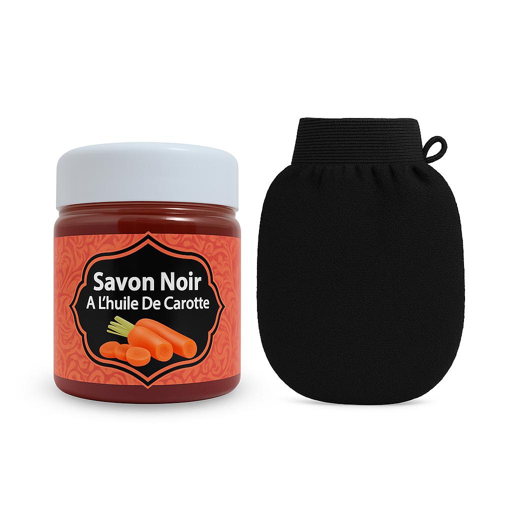 Moroccan Black Soap with Carrot Extract 200g + Kessa Glove – Glow & Radiance Skincare Set