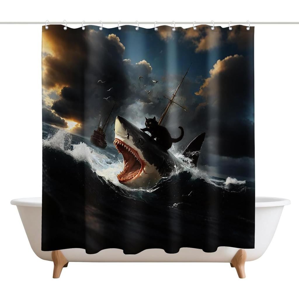 Funny Black Cat Shower Curtains Abstract Quirky Cat and Shark Barn Door Decor Polyester Fabric Waterproof Bathroom Curtains Set