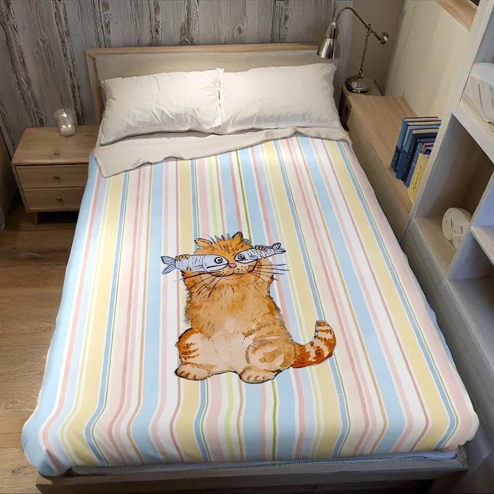 Cat With Fish Flannel Blanket Warm Soft Halloween Christmas Couch Warm Cozy Decorative Decor Gift For All Season