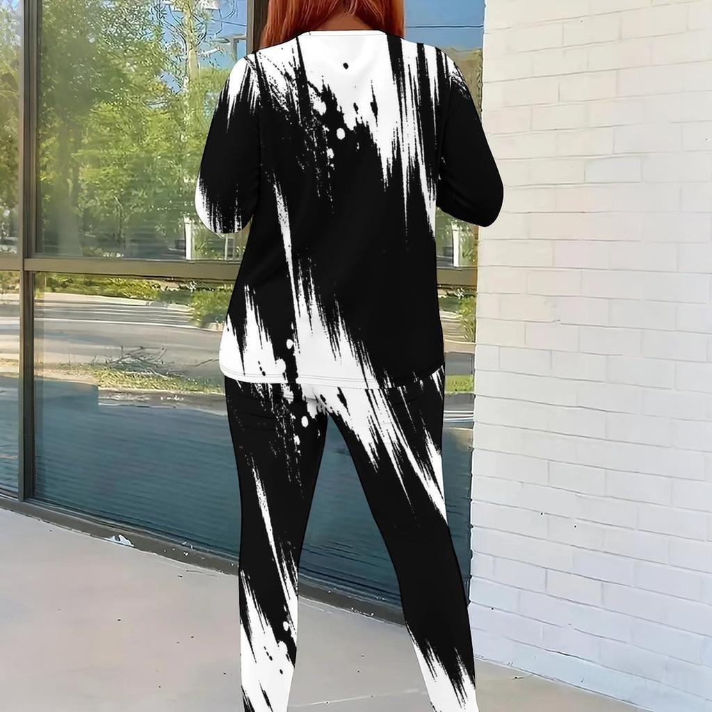 Women Plus Size Two Piece Pants Set Round Neck Long Sleeve Black White Geometric Printed Outfit