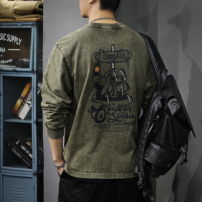 

Осенняя футболка с длинными рукавами и фирменным принтом, мужская американская ретро-футболка из чистого хлопка, свободная рубашка с круглым вырезом 3XL армия зеленый