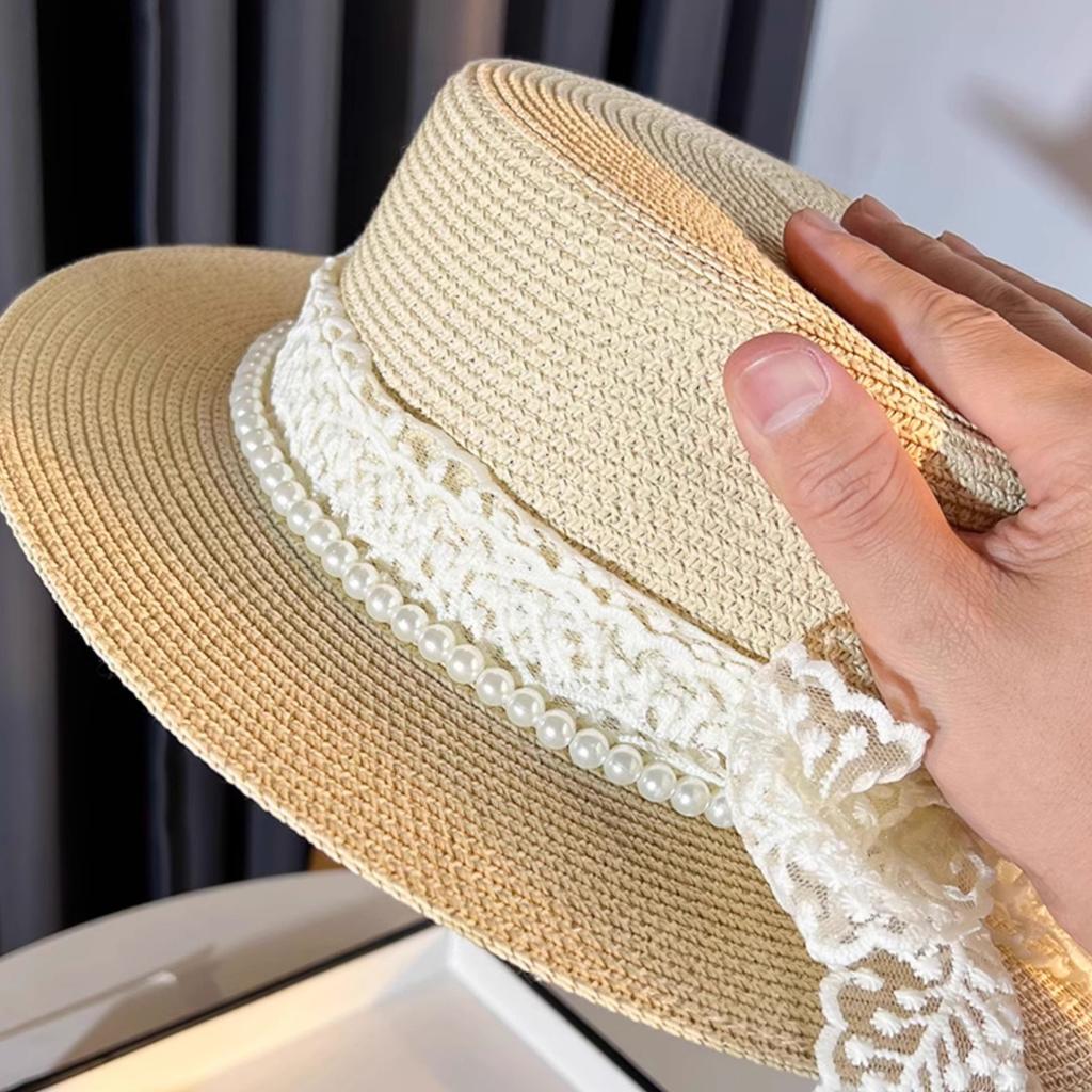 Women'S Linen Beach Sun Hat with Mesh Ribbon Decor, French Style Elegant Summer Sun Protection Hat, Breathable Straw Fisherman Cap with Bow