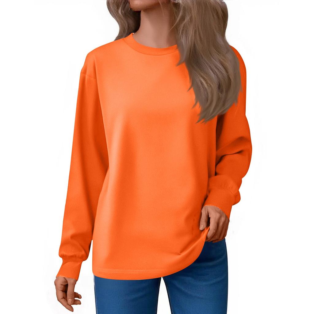 Women's Fashion Loose Round Neck T-Shirt Solid Color Casual Long Sleeve Top