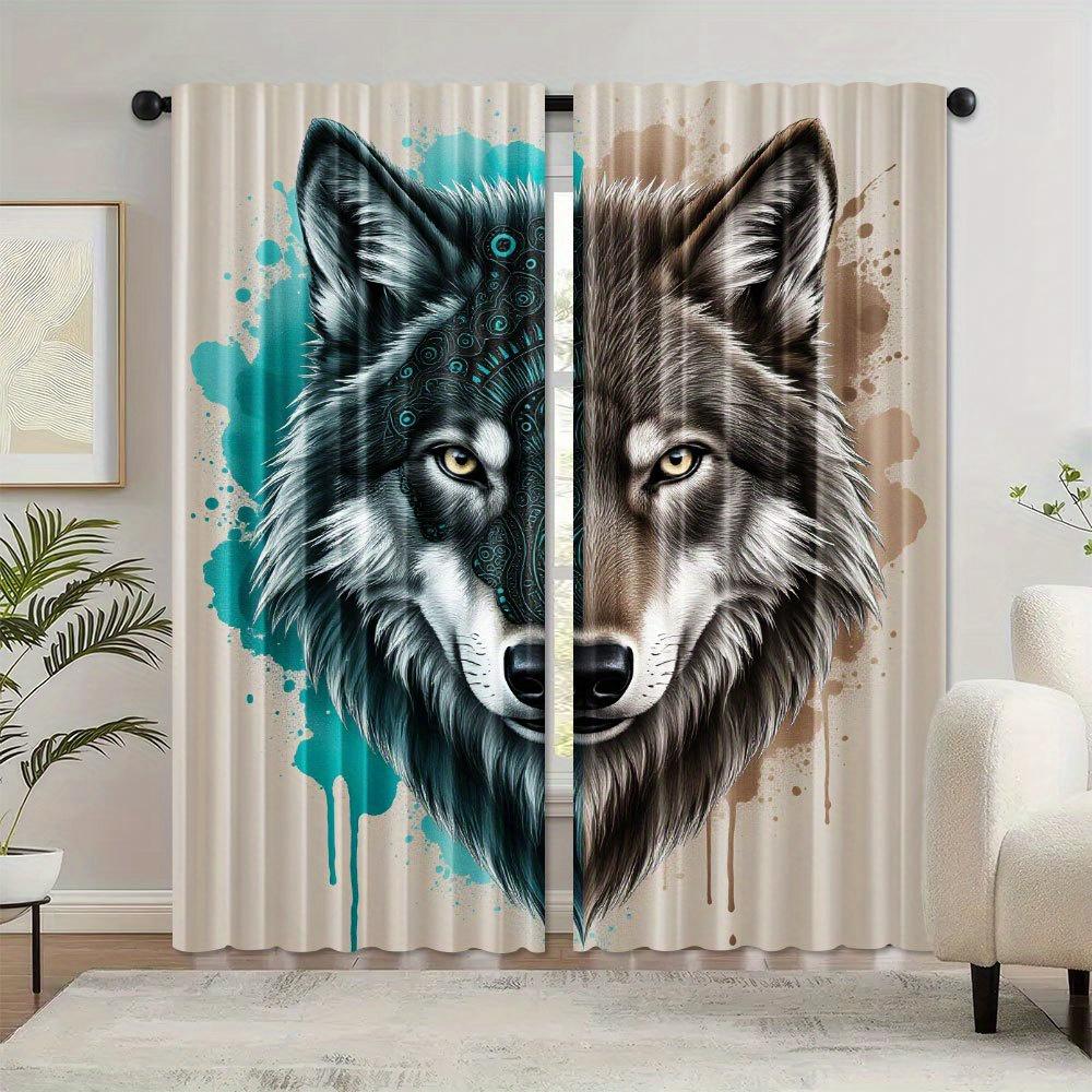 2pcs   Geometric Wolf Mandala Art Print Curtains   Rod Pocket Mount   Digital Printing Curtains   Polyester Material   Suitable for L