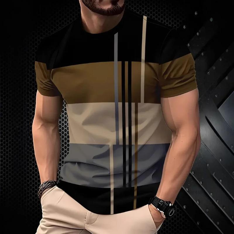 Men's Fashion 3D Stripe Printed T-shirt Micro Elastic Breathable Short Sleeve Outdoor Sports Speed Drying Large Size Top