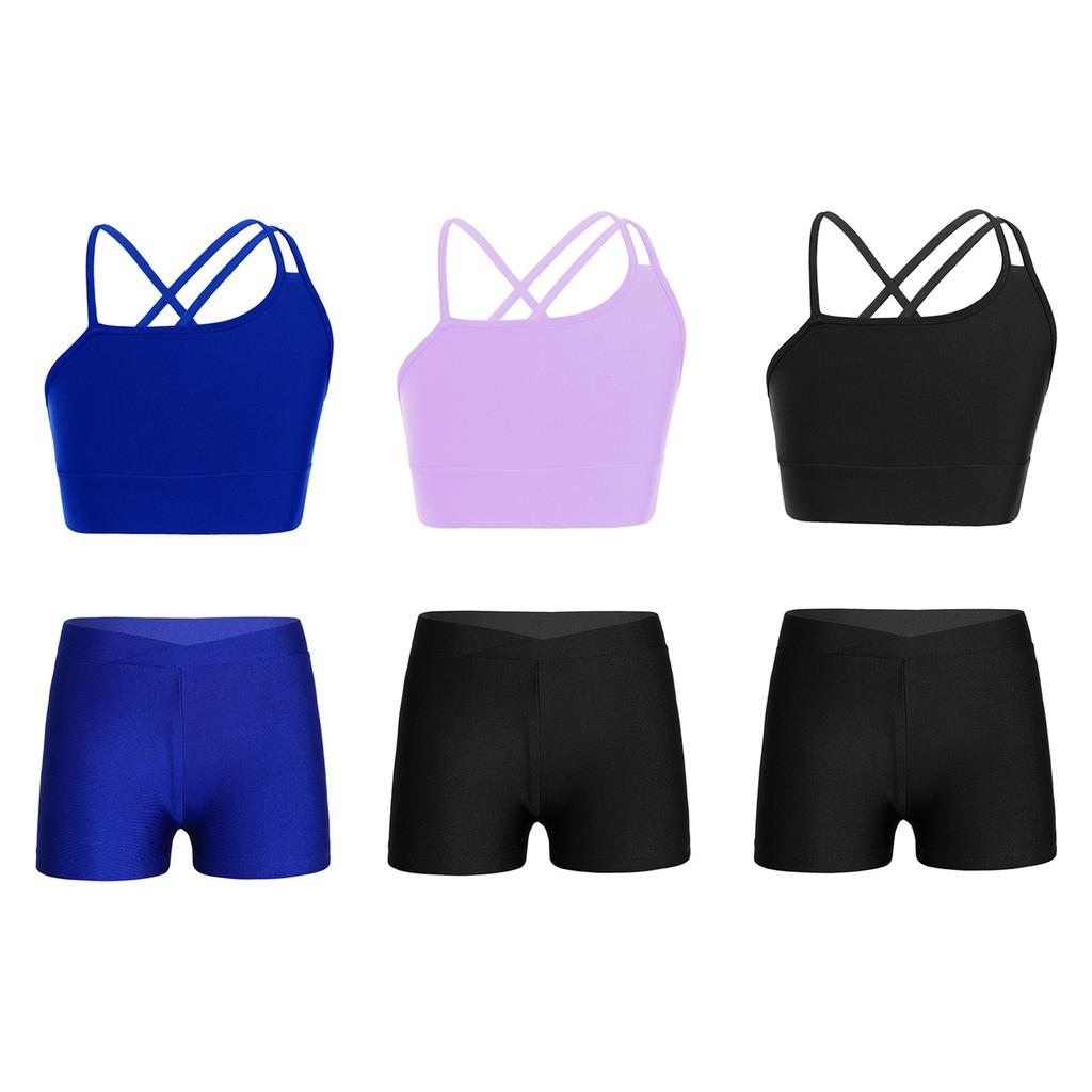 2Pcs Kids Girls Asymmetric Strappy Crop Tops and Shorts Set Beach Pool Swimming Bathing Suit