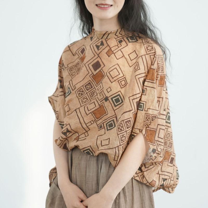 Johnature Women Vintage Plaid T-Shirts Bat Sleeve Summer Loose Female Soft Chinese Style Belt T-Shirts