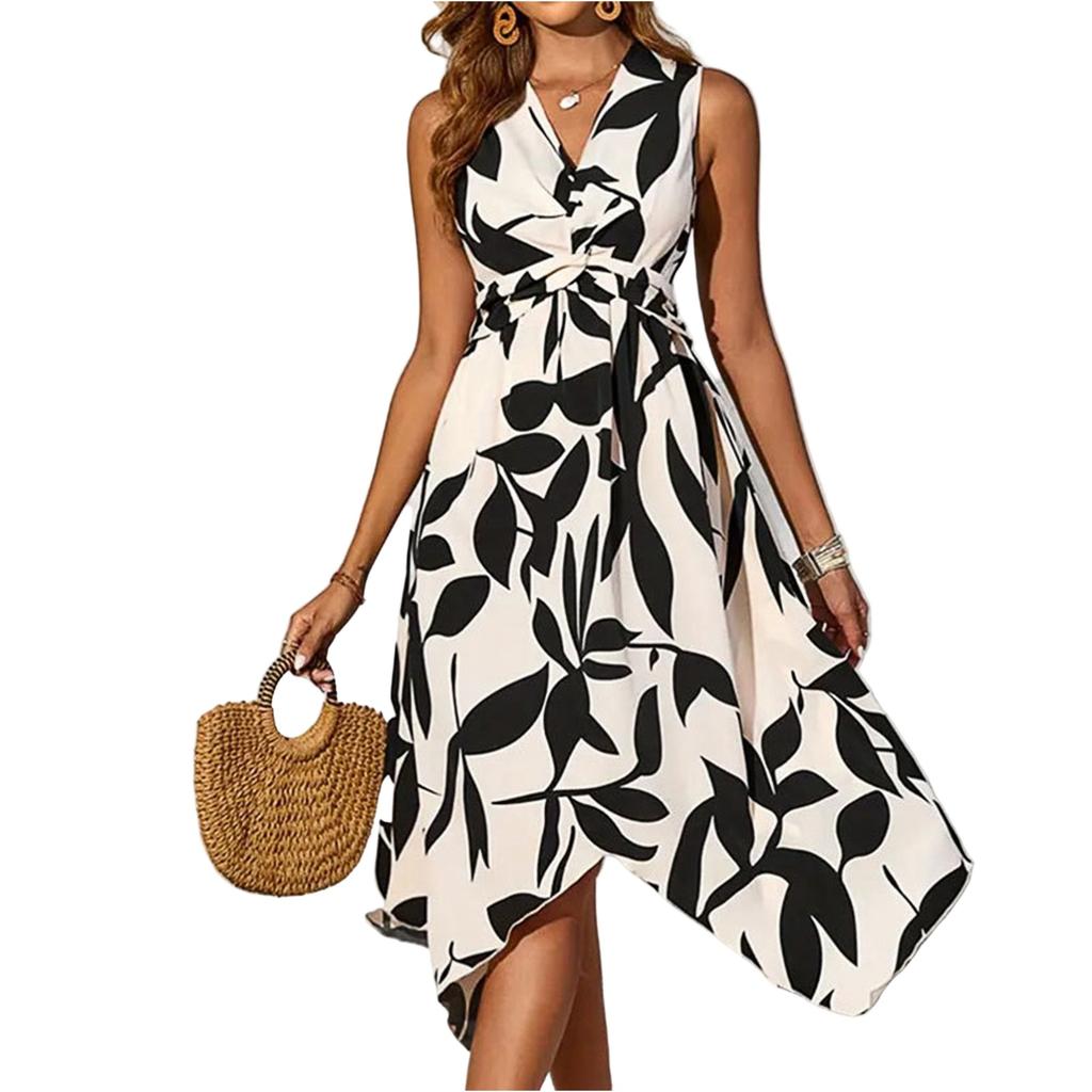 Modisches Damenkleid mit Blattdruck, verdreht und unregelmäßig, für Frühling und Sommer