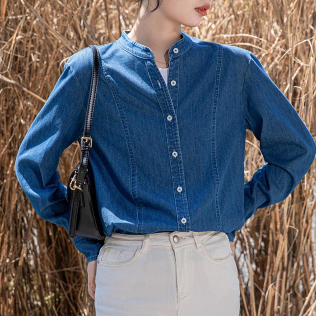 Temperament Chinese Denim Shirt for Women In Winter Retro Hong Kong Style Shirt Loose Long-sleeved Casual Stand Collar Top