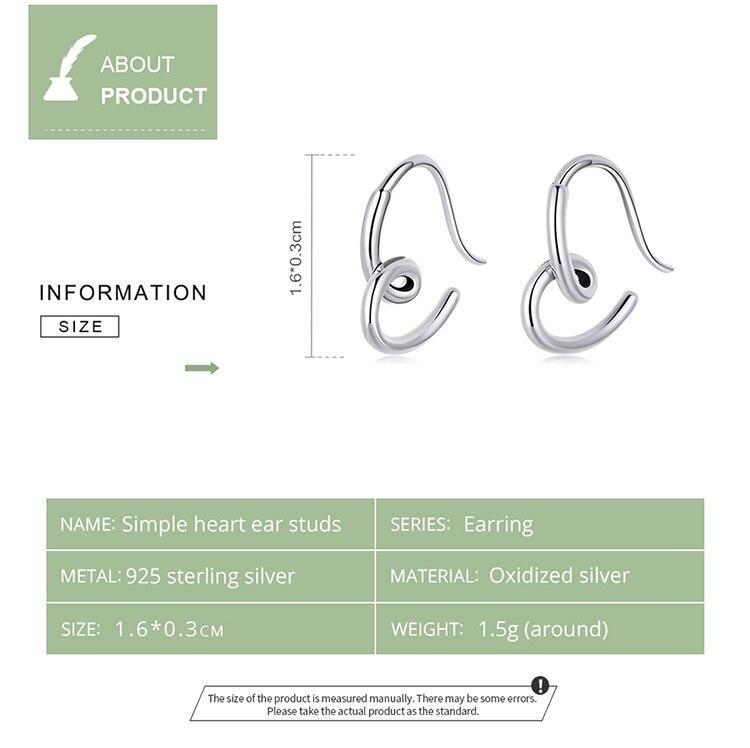 Bisaer 925 Sterling Silver Simple Heart Stud Earrings for Fashion Women Wedding Party Anniversary Jewelry