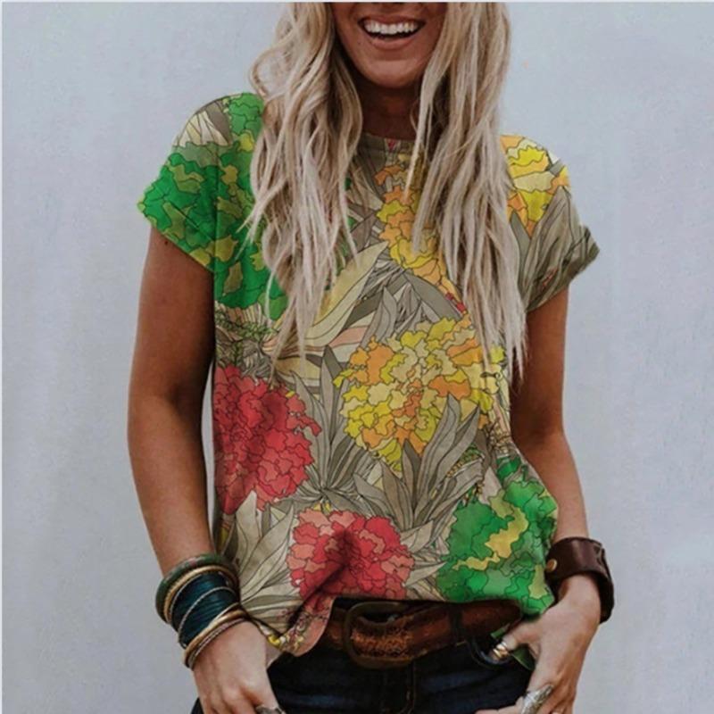 Summer Women's Loose Round Neck Pullover Fashionable Trendy Simple 3D Digital Printed Women's Short Sleeved T-shirt