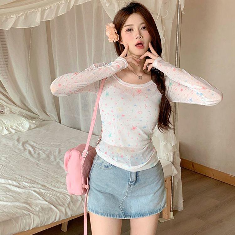 American Sweet Star Sun Protection Printed Long-Sleeve T-Shirt Slim-Fit One-Shoulder Summer Top Spicy Girl Women's Blouse