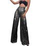 Pantaloni da Donna a Gamba Larga Lunghi Fino ai Piedi con Perle e Paillettes alla Moda 2025