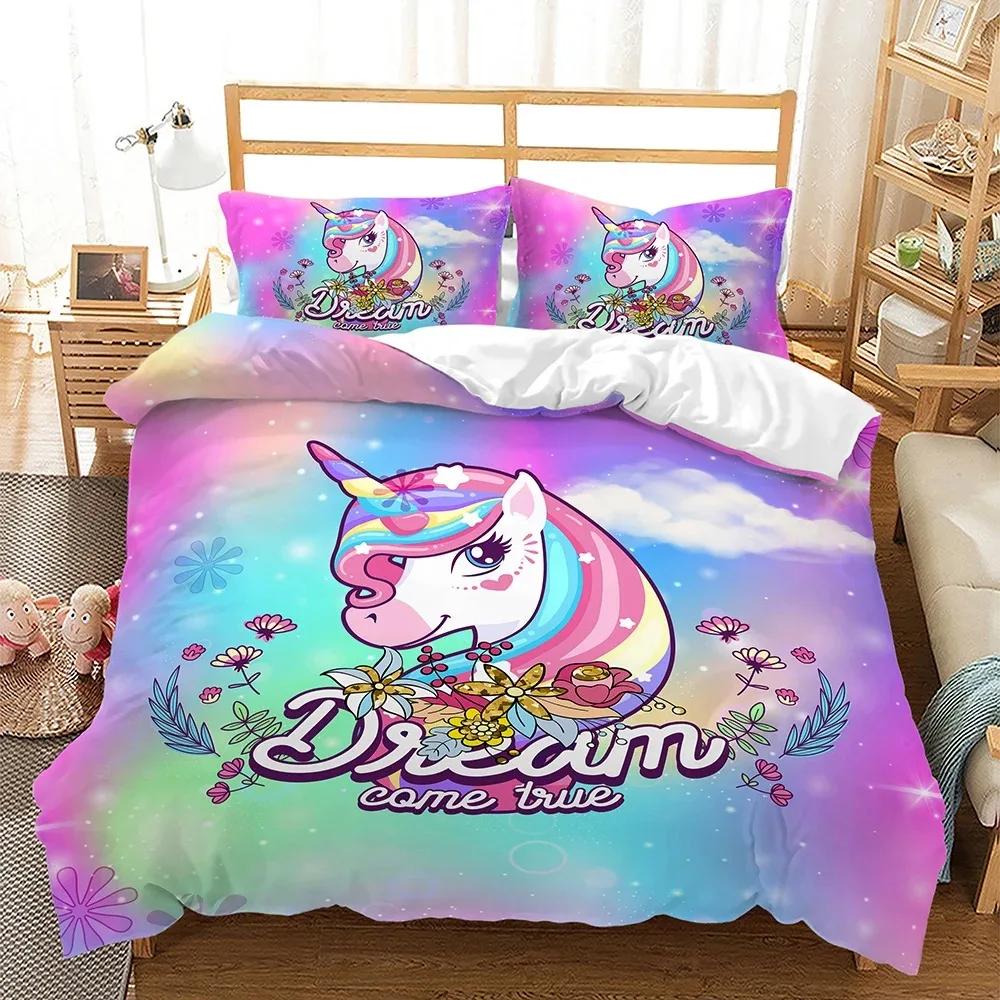 Dětské povlečení s duhovým jednorožcem Kawaii kreslená zvířátka Povlečení pro kluky a holky 2/3dílné Sady povlaků na přikrývku velikosti Twin Single Double Queen