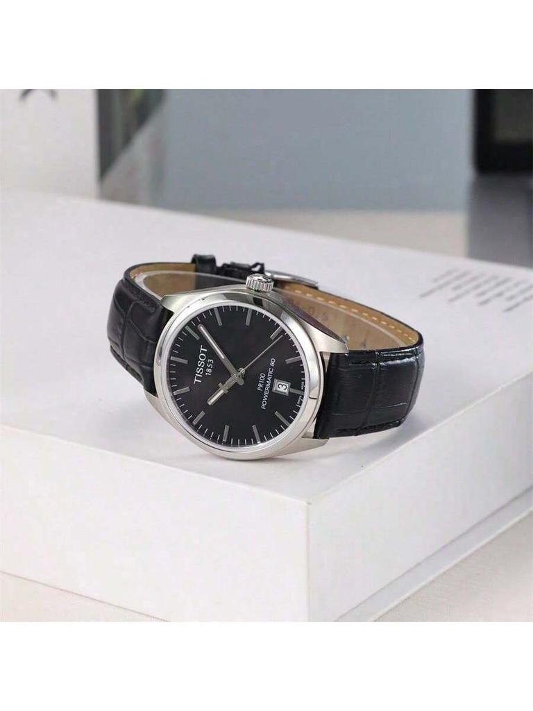 Tissot PR100 Automatisches Mechanisches Uhrwerk, 30m Wasserdicht, Herrenuhr, 39mm, Schwarzes Zifferblatt, Edelstahlgehäuse, Leder T101.407.16.051.00