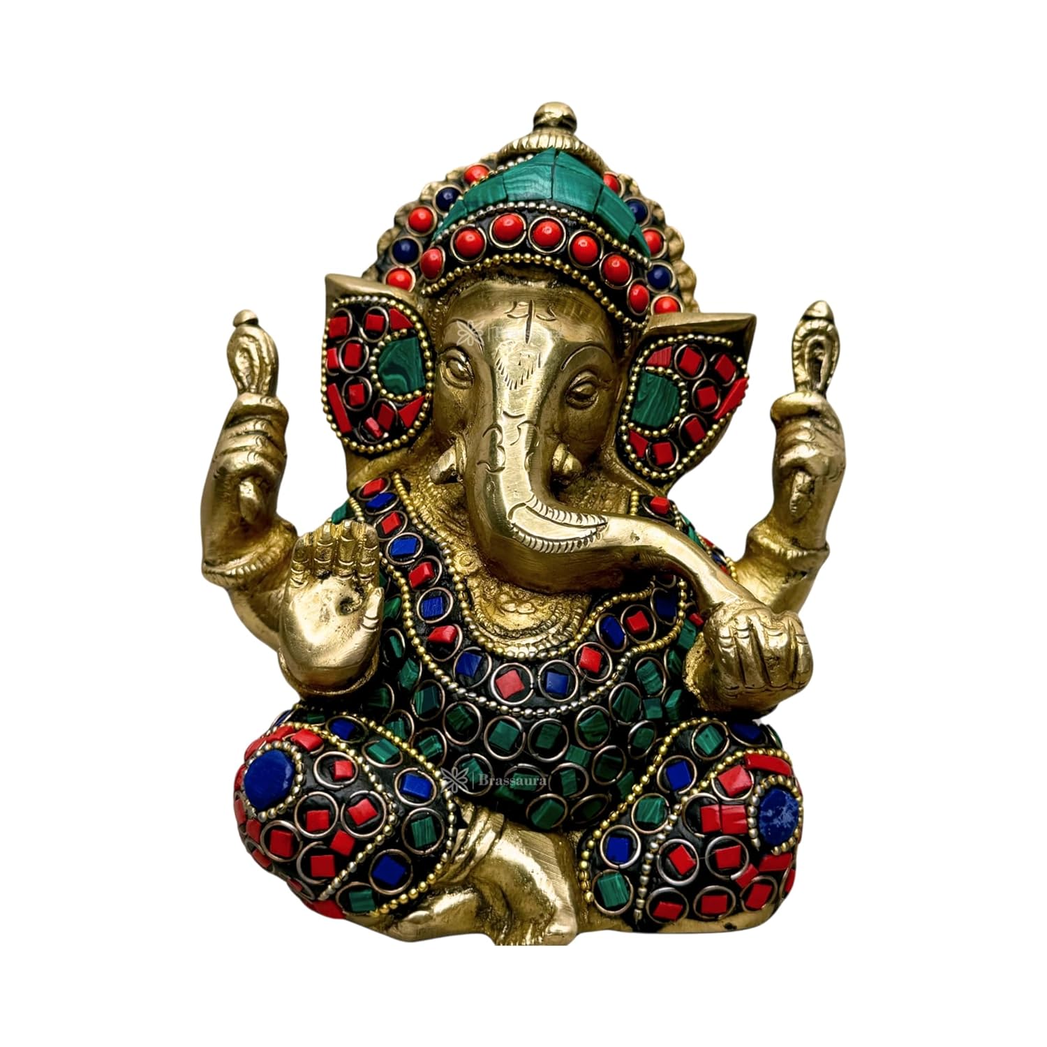 Статуэтка Ганеши из чистой латуни с инкрустацией драгоценными камнями, статуя Ганапати Ганеш Бхагван - 25 см