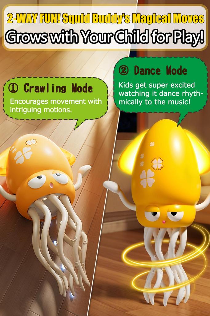 JUYEE Baby Educational Toy for Year Boys and Ages and Birthday Christmas Moving Squid Toy with LED Obstacle USB Rechargeable Toy, 0-1 Olds, Kids,