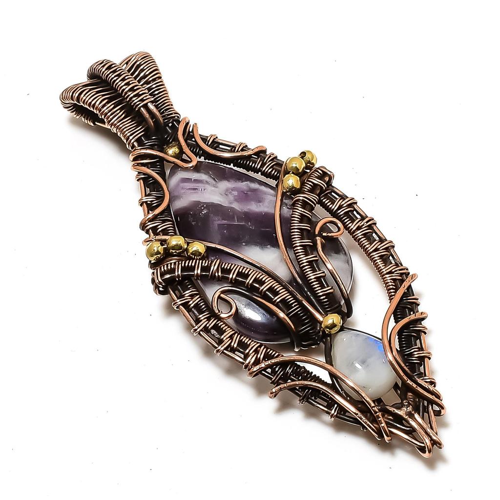 Salvia ametist & Månsten Hänge, Ädelsten 999 Koppartråd Lindat Smycke Hänge, Handgjort Smycke Födelsesten Hänge, Gåva Till Honom