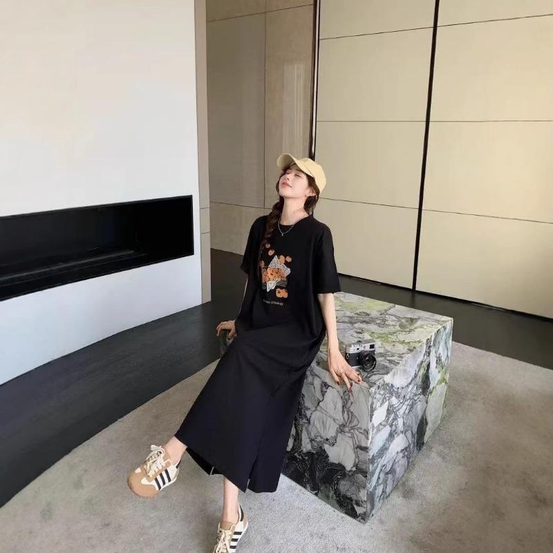 Women's Short-sleeved T-shirt Skirt Summer Mid-length Over-the-knee Dress Plus-size Slimming Dress