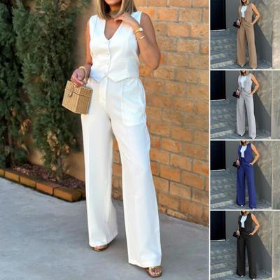 Terno feminino Colete feminino Elegante Lady Calças largas Conjunto com colete sem mangas Calças femininas de cintura alta e pernas largas para moda