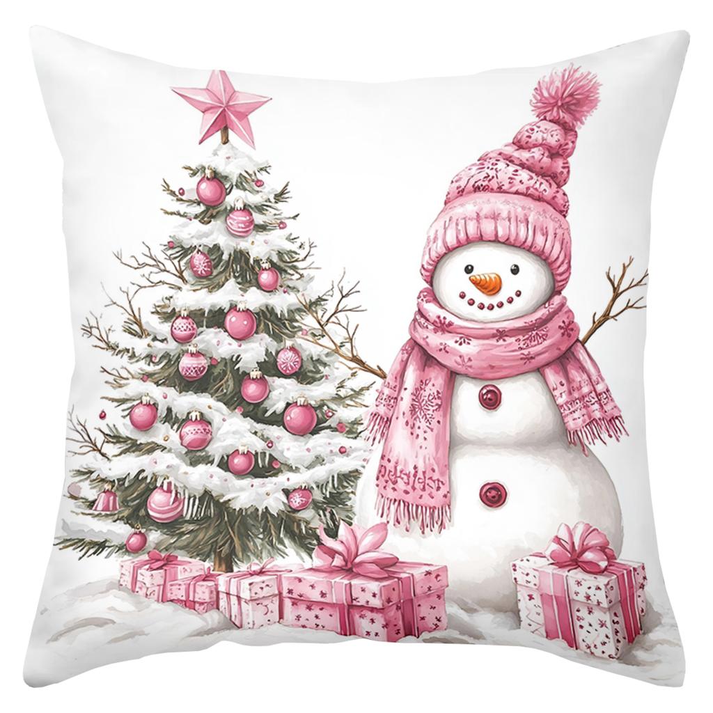 Pink Snowman Christmas Pattern Decorative Cushions Polyester Pillowcase, Sofa Decorative Cushion Cover, Bedside Throw Pillow