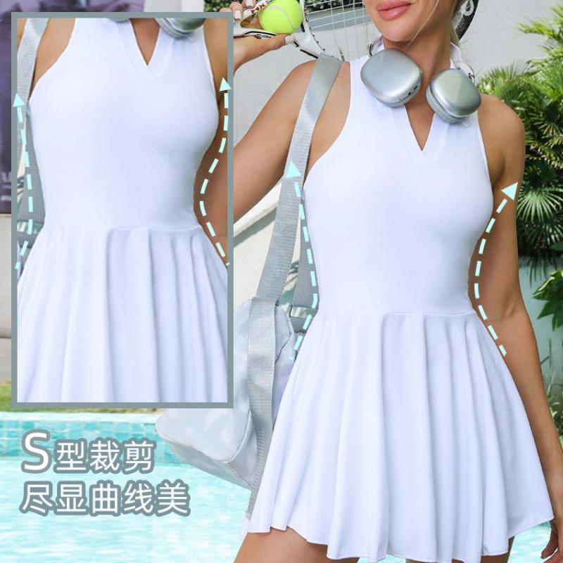 Womens Tennis Dress With Built-in Bra Pad V-Neck Skirt Set Golf Yoga Running Summer Sportswear