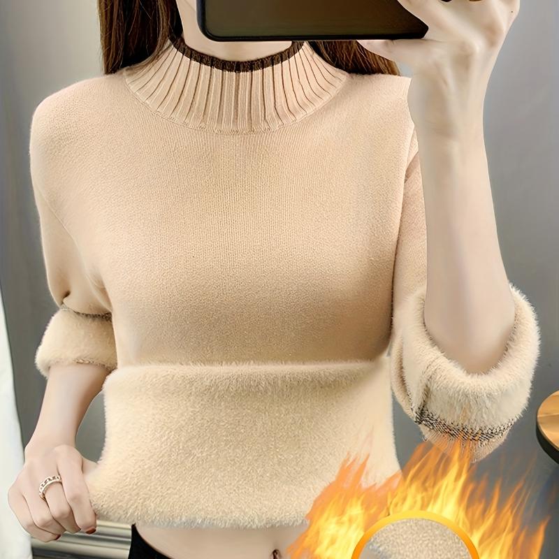 Women's Cozy Fleece-Lined High-Neck Sweater Thick Warm Long Sleeve Pullover with Soft & Stylish Fall/Winter Highneck Sweater