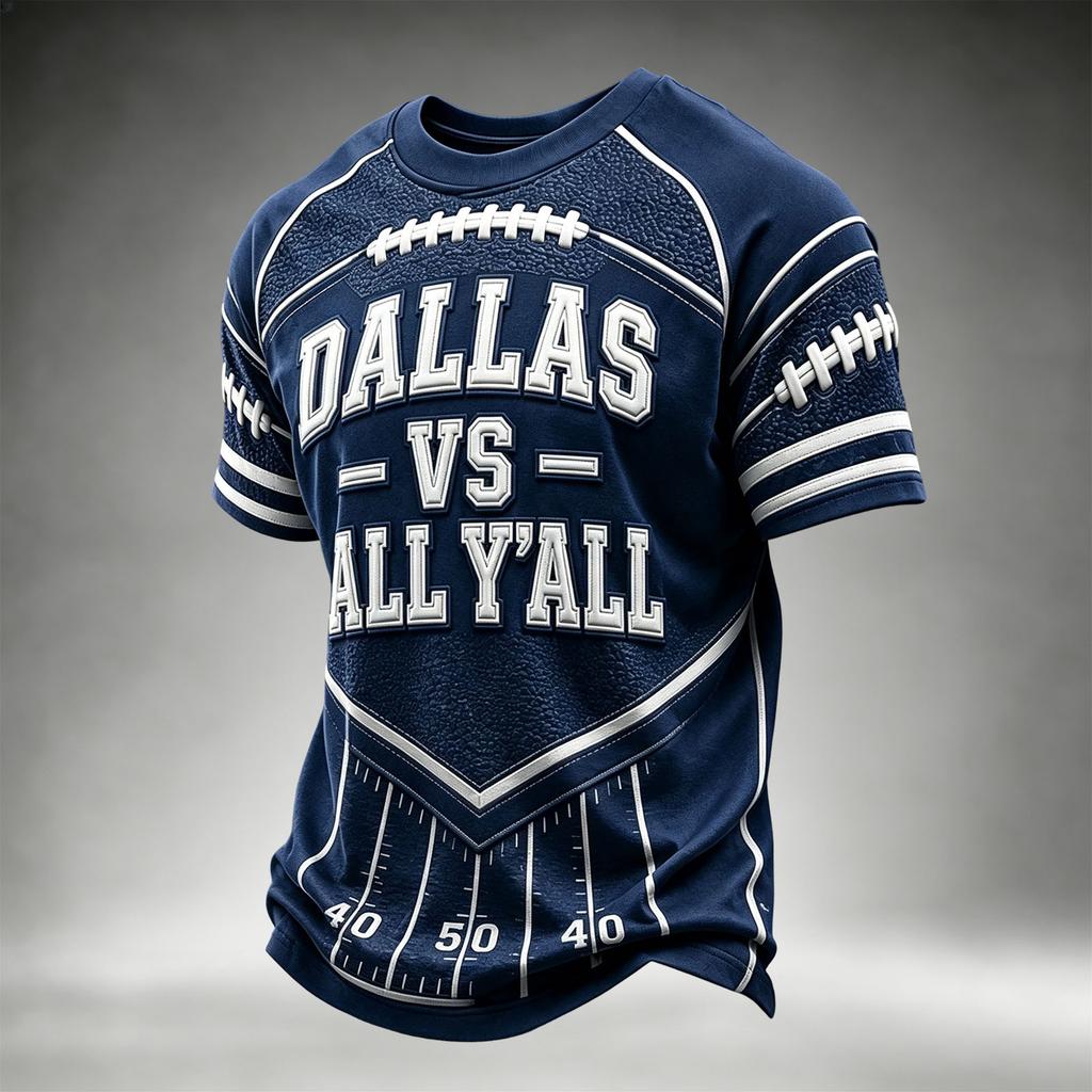 Men's Casual Neck Short Sleeve T-Shirt with Rugby Print, Lightweight Breathable for Everyday Wear