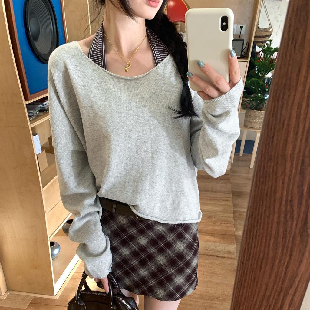 2025 New Women's Grey Knit Long Sleeve Loose Slimming Top