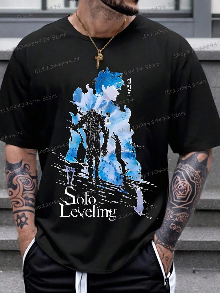 Vintage Anime Print Solo Leveling T-shirt Men Women Cotton T Shirt Beru And Sung Jin-woo Streetwear Crew Neck Solo Leveling Tops