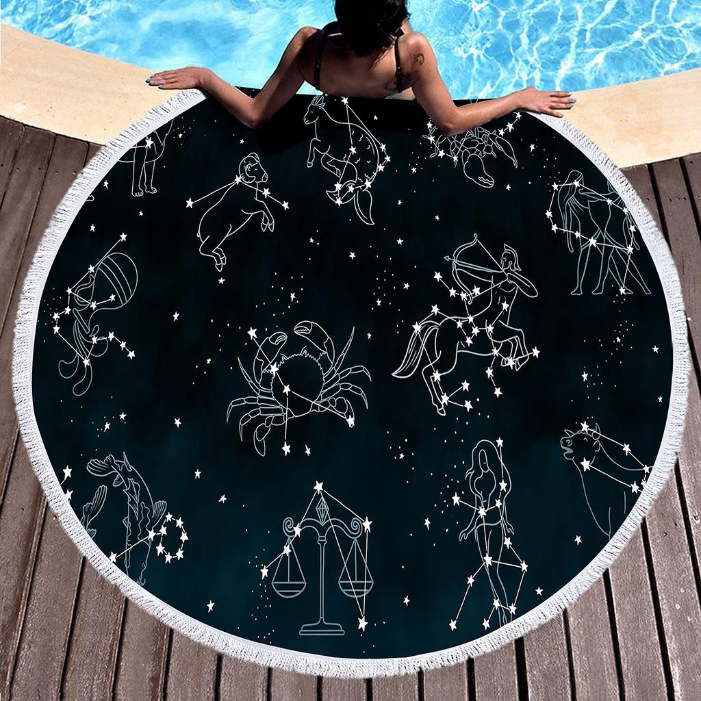 12 Constellation Round Beach Towel, Soft Microfiber Mystery Universe Galaxy Beach Towel Absorbent Towel for Travel Pool Picnic