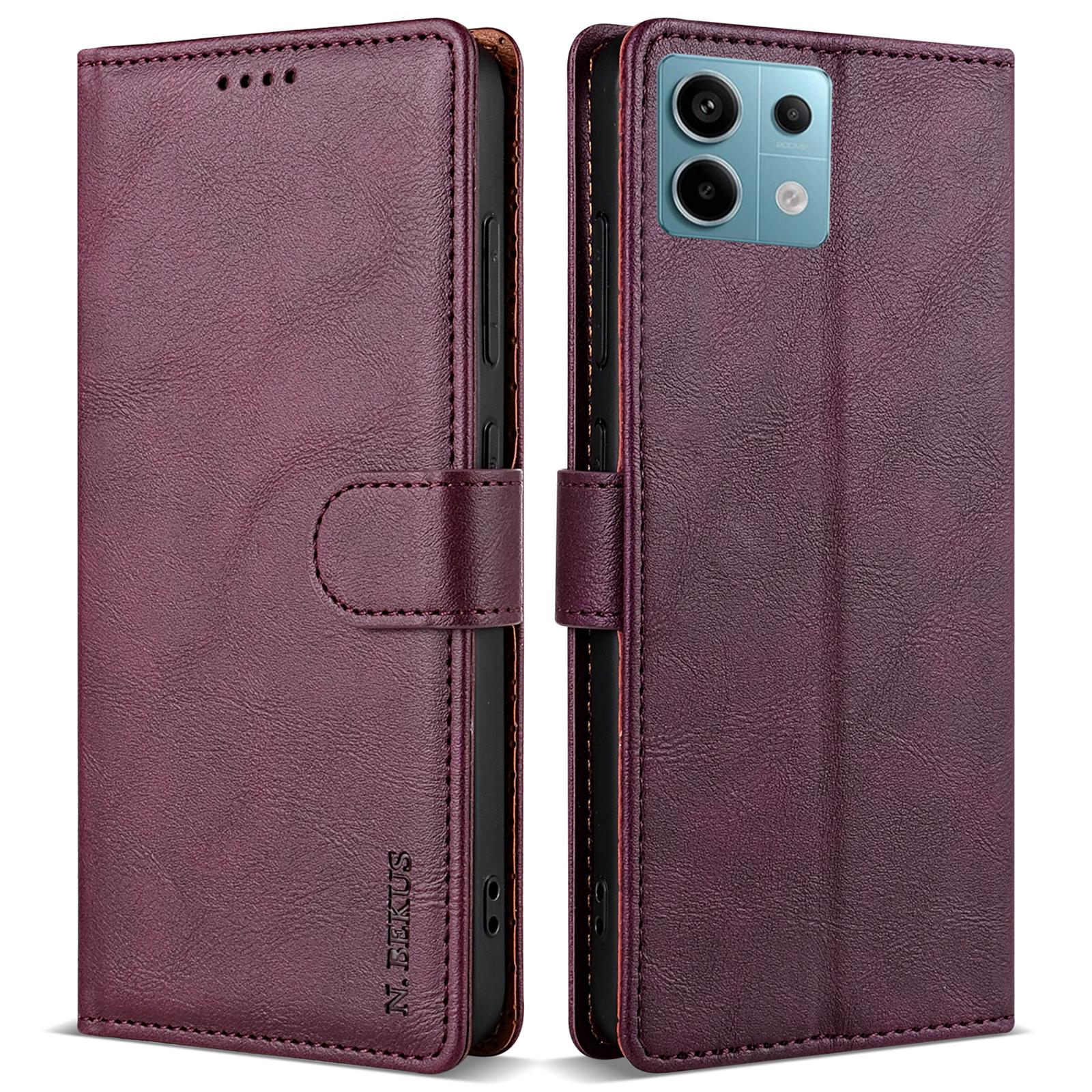 

For Xiaomi Redmi Note 13 5G Case Solid Color Wallet Leather Phone Cover Wine Red