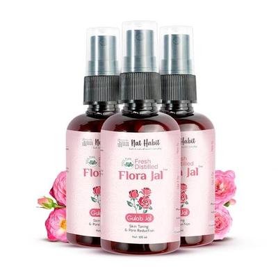 Nat Habit - 100% Pure Gulab Jal - Rose Water - Toner, Face-Mist, Astringent & Face Spray - Ayurvedic, Steam-Distilled (Pack of 3, 100 Ml)