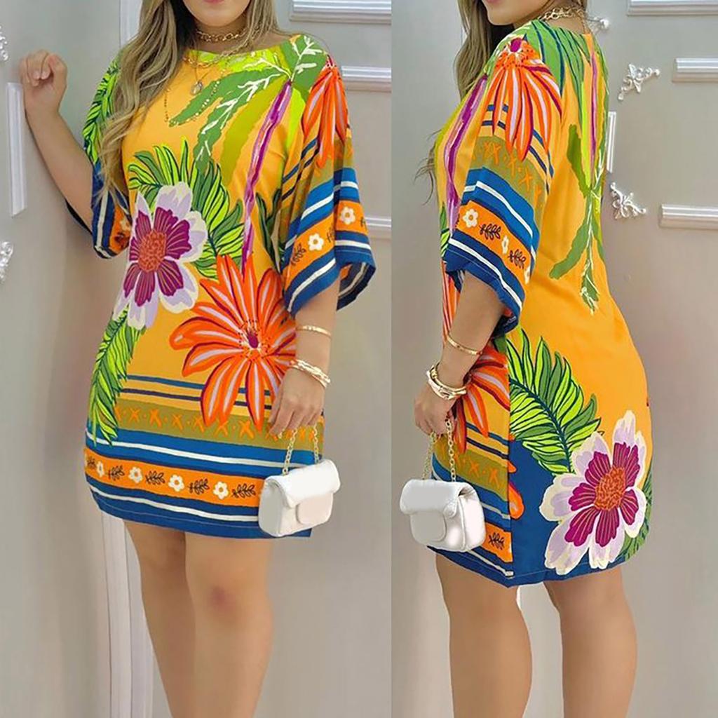 Women Boho Dress Short Sleeve Floral Printed Round Neck Casual Dress