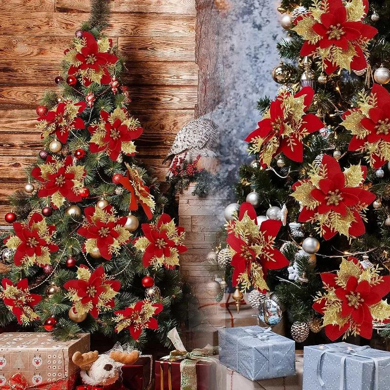 Christmas Artificial Flowers Gold Red Glitter Poinsettia with Clips Xmas Tree Ornaments DIY Wreath Wedding New Year Decorations