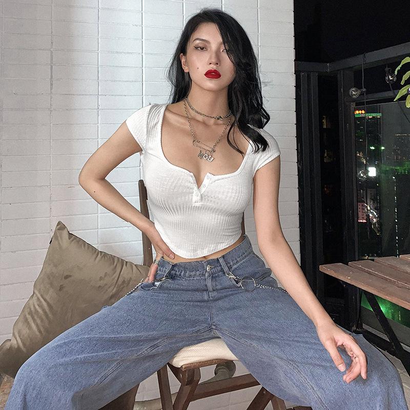 European & American Hot Girl Style Solid Crop Top: Sexy, Short-Sleeved T-Shirt for Women - Versatile for Spring & Summer