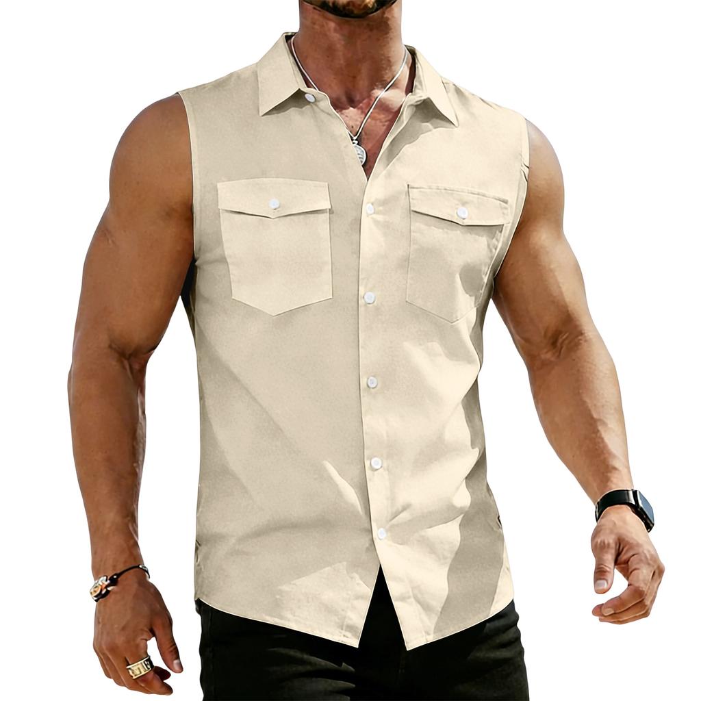 Men's Workwear Lapel Button-Down Vest Shirt - Lightweight Sleeveless Top