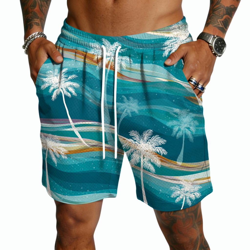 Men’s Casual Drawstring Shorts Lightweight Quick Dry Five Inch Inseam Shorts with Hawaiian Floral Print for Everyday Wear