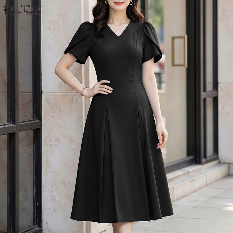 ZANZEA Women Elegant V-Neck Casual Short Sleeve Midi Dress