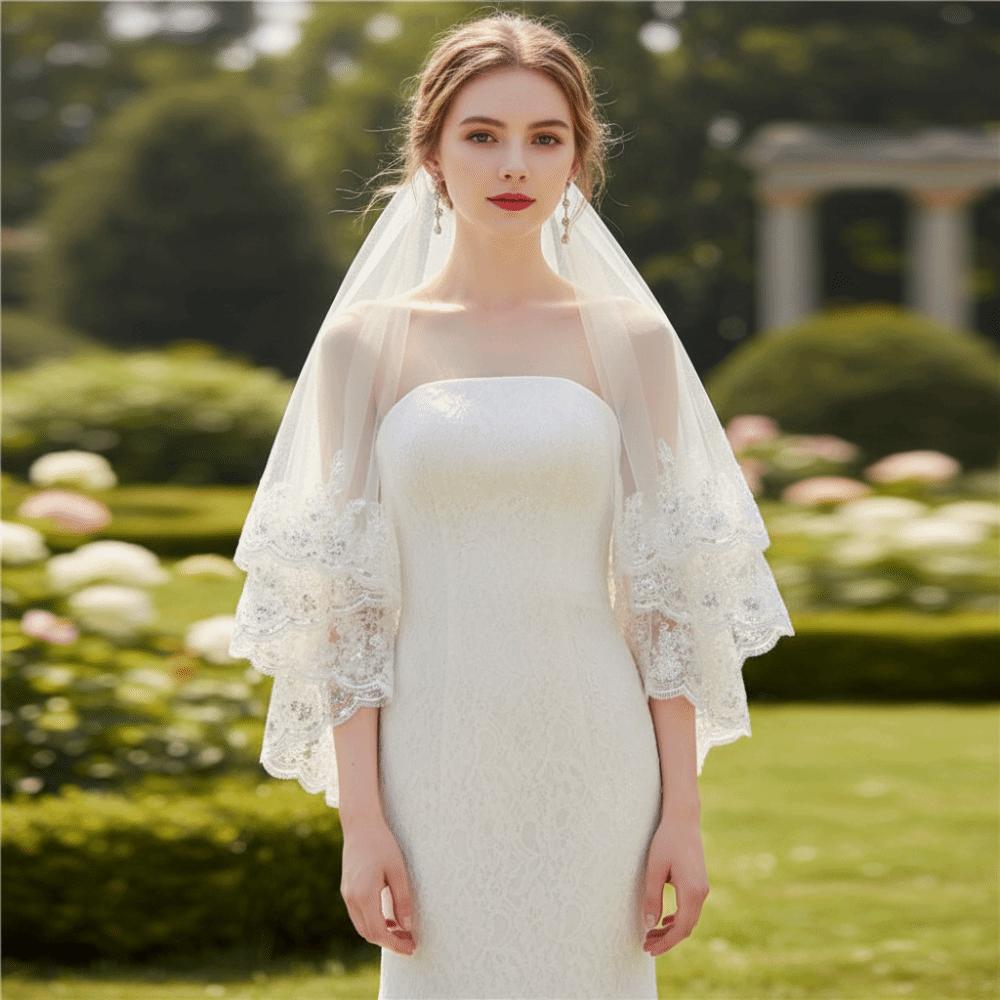Lace Edge Bride Wedding Veils Luxury Mesh Veil Double Layers Bridal Veil  Wedding Day