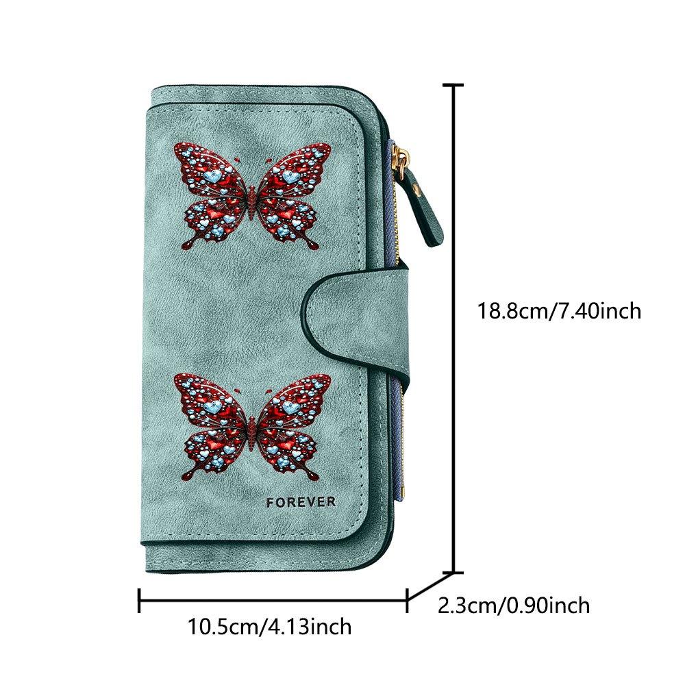 Jeweled Heart and Butterfly Print Long Wallet Multifunctional Portable Coin Purse With Clasp Large Capacity Clutch Bag Perfect For Daily Commuting